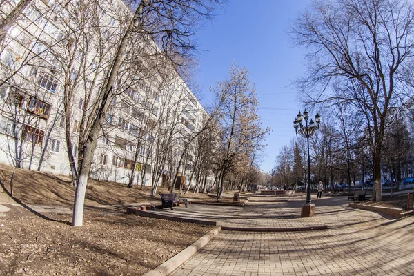 Pushkino, Russia, on March 17, 2015. View of the city in the sunny spring afternoon, fisheye view. — Stock Photo, Image
