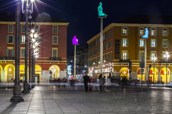Nice, France, on March 13, 2015. Massena Square in evening illumination. Massena Square is the downtown — Stock Photo, Image