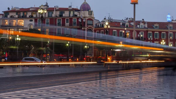 Nice, France, on March 13, 2015. The high-speed tram goes on Massen Square. Massen Square is central in the city — Stock Photo, Image