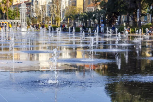 Nice, France, on March 7, 2015. New public park - Promenade du Paillon. Flat fountain — Stock Photo, Image