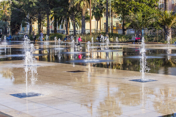 Nice, France, on March 7, 2015. New public park - Promenade du Paillon. Flat fountain