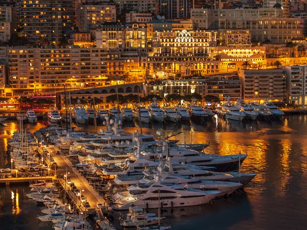 Monaco, France, on March 8, 2015. The top view on the port and the residential area at night — Stock Photo, Image