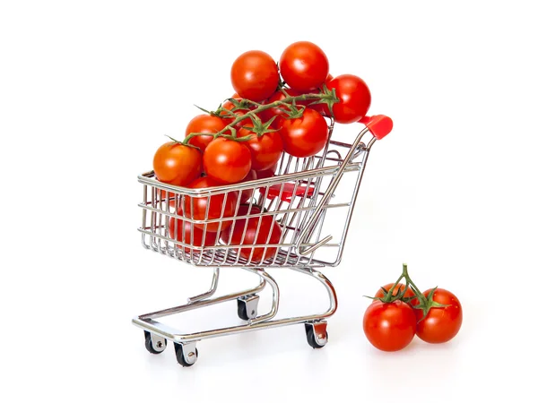 Cherry tomatoes in the store cart — Stock Photo, Image