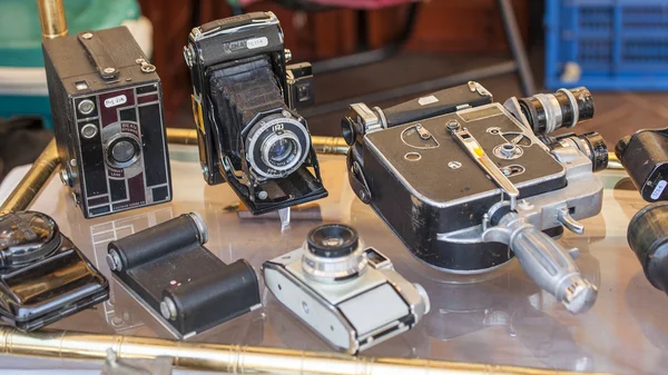Nice, France, on March 9, 2015. Vintage cameras on a counter of a flea market on Cours Saleya Square. The Marche Du Cours Saleya market - one of the most known sights of Nice
