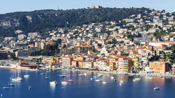 Vilfransh, France, on March 10, 2015. The top view on the suburb of Nice. Embankment and old city