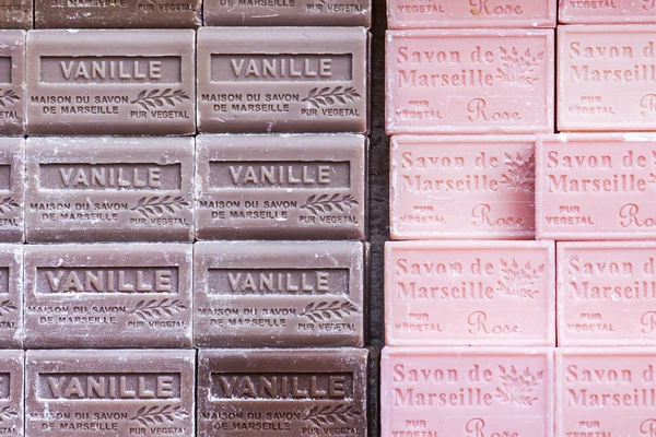 Nice, France, on March 10, 2015. Natural soap - a typical souvenir from Provence - lies on a counter of local shop — Stock Photo, Image