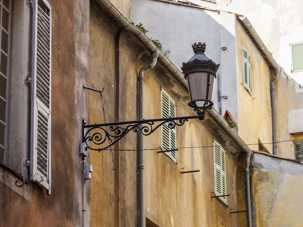 Nice, France, on March 10, 2015. Architectural details of typical city buildings in historical part of the city