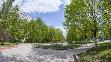 Pushkino, Rusya, 13 Mayıs 2015 tarihinde. Bir bahar şehir manzarası, ağaçlar balıkgözü görünümü Bulvarı'ndaki