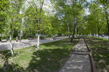 Pushkino, Rusya, 13 Mayıs 2015 tarihinde. Bir bahar şehir manzarası, ağaçlar balıkgözü görünümü Bulvarı'ndaki
