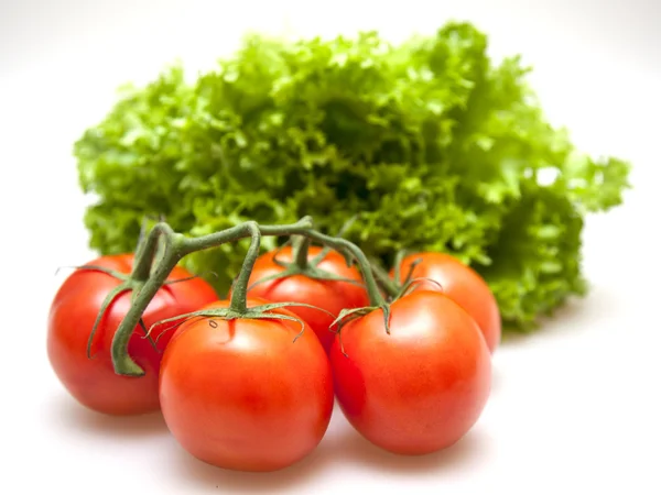 Branch of red ripe tomatoes and bunch of salad — Stock Photo, Image