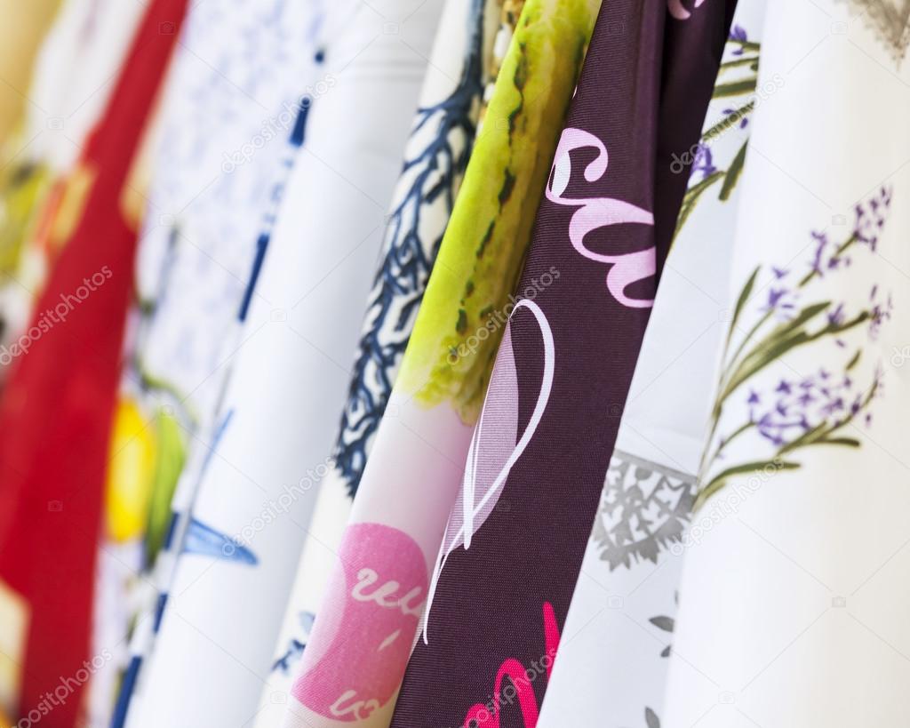 Various textile products from natural fabrics on a showwindow Stock