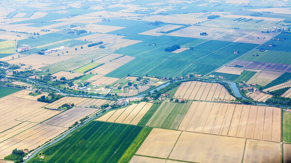 The top view from a plane window on islands of the Venetian lagoon