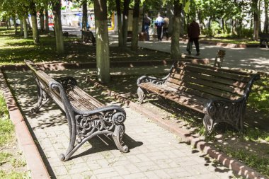 PUSHKINO, RUSSIA - on JUNE 18, 2015. A cozy corner in the boulevard. Two benches for rest