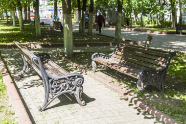 PUSHKINO, RUSSIA - on JUNE 18, 2015. A cozy corner in the boulevard. Two benches for rest