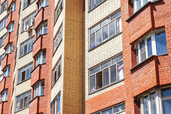 PUSHKINO, RUSSIA - on Jun 18, 2015. Архитектурный фрагмент нового многоэтажного дома

