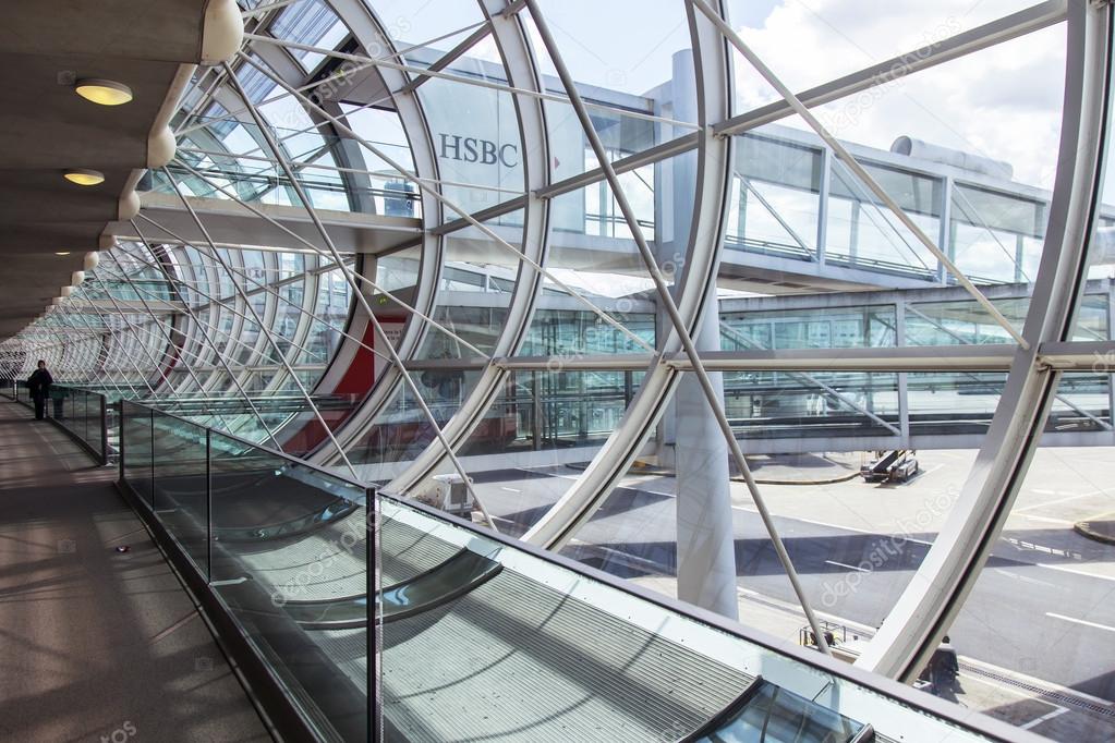 PARIS, FRANCE - on MAY 5, 2015. The international airport Charles de Gaulle, gallery with a panoramic glazing, pass to the hall of an arrival