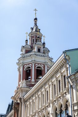 MOSCOW, RUSSIA, on JUNE 24, 2015. City landscape. Nikolskaya Street, Zaikonospassky Monastery. Belltower, architectural fragment