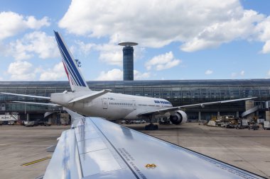 PARIS, FRANCE - on MAY 5, 2015. International airport Charles de Gaulle. A view from the window of the flying-up plane
