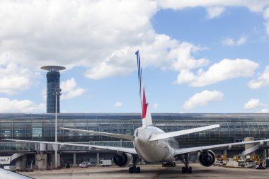 PARIS, FRANCE - on MAY 5, 2015. International airport Charles de Gaulle. A view from the window of the flying-up plane