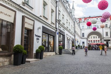 MOSCOW, RUSSIA, on June 24, 2015. Pyatnitskaya Street of by fisheye view. Pyatnitskaya Street is historical sight of the center of Moscow and one of shopping streets