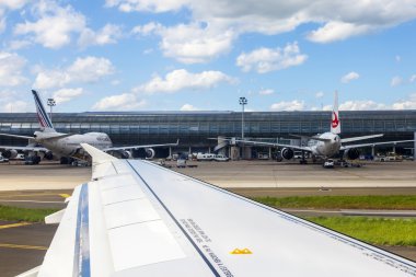 PARIS, FRANCE - on MAY 5, 2015. International airport Charles de Gaulle. A view from the window of the flying-up plane