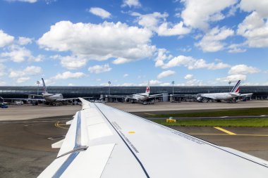 PARIS, FRANCE - on MAY 5, 2015. International airport Charles de Gaulle. A view from the window of the flying-up plane