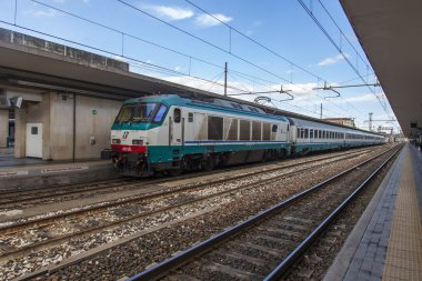 BOLOGNA, ITALY, on MAY 2, 2015. The high-speed modern train stopped at the platform of the Central station