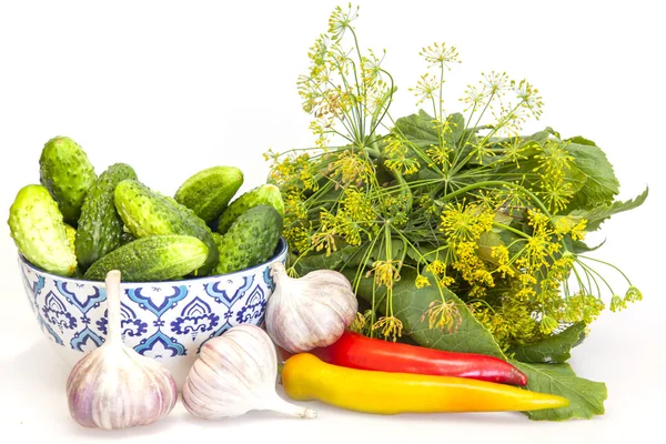 Yeşiller, baharatlı otlar ve salatalık Tuzlama için sarımsak Telifsiz Stok Fotoğraflar