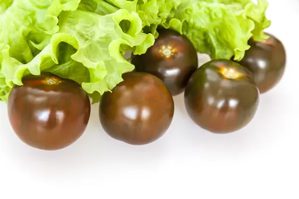 Blätter von frischem Salat und schwarzen Tomaten — Stockfoto