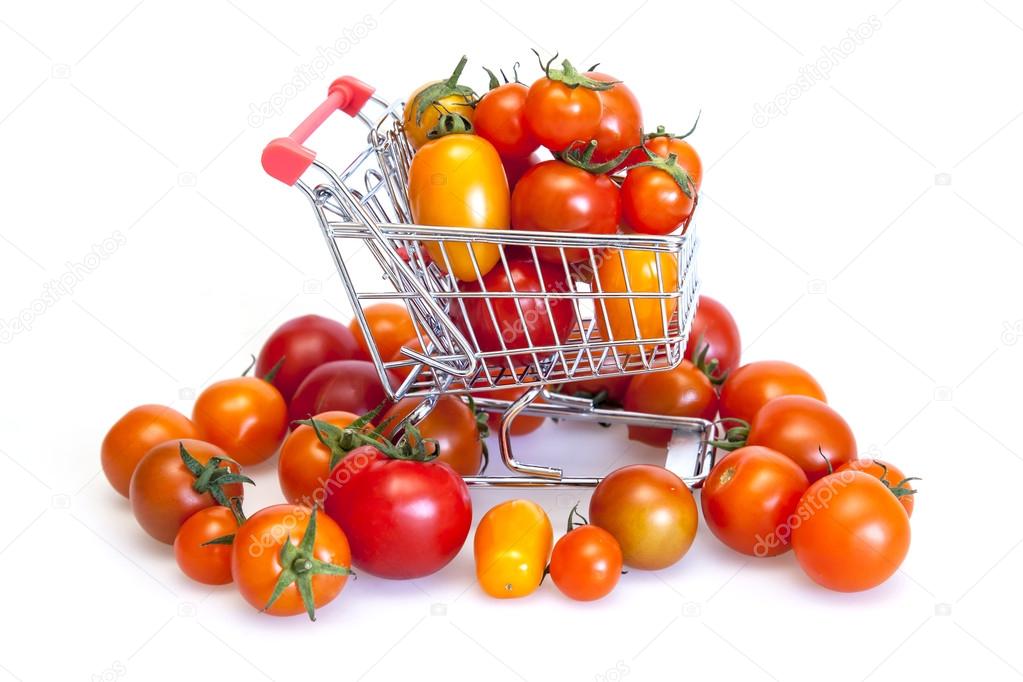 Cherry tomatoes of various grades in the cart from hypermarket
