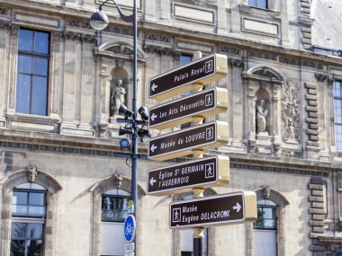 26 Ağustos 2015 tarihinde, Paris, Fransa. Şehir gezinti unsurları. Yön işareti yerler