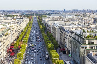 PARIS, FRANCE, on AUGUST 30, 2015. The top view from a survey platform on Arc de Triomphe on the Champs Elysee. The Champs Elysee - one of the most beautiful