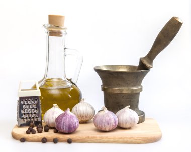 Ürünler ve mutfak eşyaları garlick baharat, yemek pişirmek için