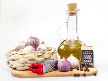 Ürünler ve mutfak eşyaları garlick baharat, yemek pişirmek için