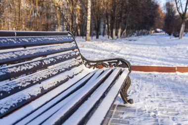 Pushkino, Rusya Federasyonu - Tarih 1 Ocak 2016. Kış öğleden sonra şehir manzarası. Kürsüye bir rekreasyon alanı Bulvarı'ndaki kar ile kaplı