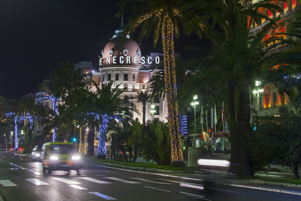 NICE, FRANCE - on JANUARY 8, 2016. Promenade des Anglais Embankment, one of the most beautiful embankments of Europe. Night look.