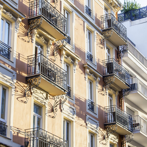 NICE, FRANCE - on JANUARY 8, 2016. Typical architectural details, characteristic for city building of the XIX century