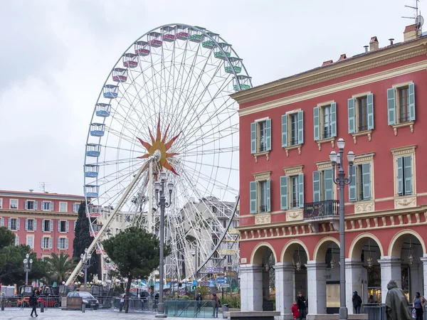 NICE, FRANCE - on JANUARY 11, 2016. City landscape in rainy weather. Architectural complex of Massen Square — Stock Photo, Image