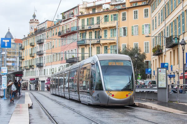 NICE, FRANCE - on JANUARY 11, 2016. The high-speed tram goes on the city street — Stock Photo, Image