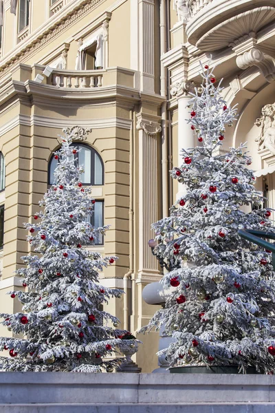 MONTE-CARLO, MONACO, on JANUARY 10, 2016. Christmas fir-trees near the building of a casino in Monte-Carlo. — Stock Photo, Image