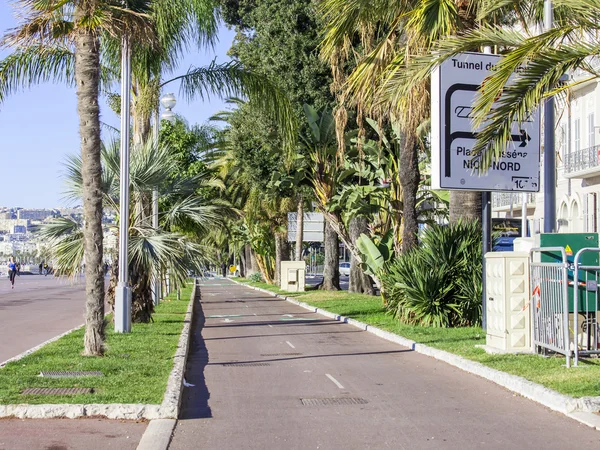 NICE, FRANÇA, em 13 de janeiro de 2016. Paisagem urbana. Promenade des Anglais. Caminho de bicicleta Dia de inverno . — Fotografia de Stock