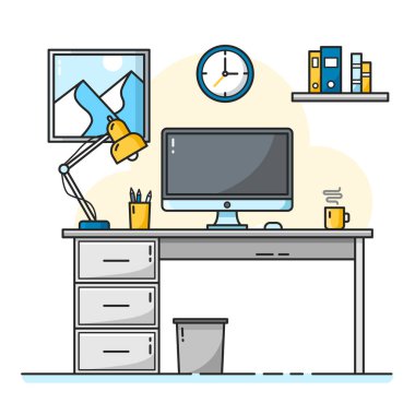 Ev işyeri - ev ofisi, masadaki bilgisayar bir odada.