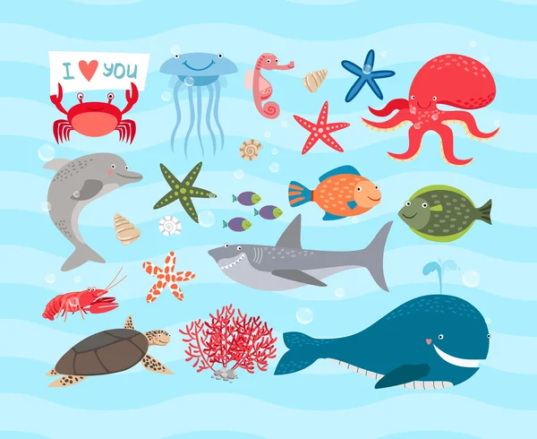 Vector cute sea animals. Dolphin and whale, octopus, turtle — Stock Illustration Vector cute sea animals. Dolphin and whale, octopus, turtle Vector Graphics