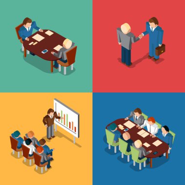 Isometric 3D business people icons. Meeting  job interview, deal handshake and presentation