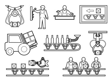 Industrial and manufacturing process icons set in line art style