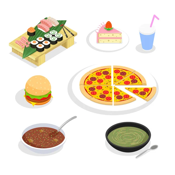 Food isometric icons. Hamburgers and sushi, cake pizza — Stock Illustration Food isometric icons. Hamburgers and sushi, cake pizza Vector Graphics