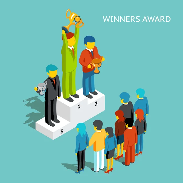 Business award winners. Successful business people with cups, 3d isometric vector illustration