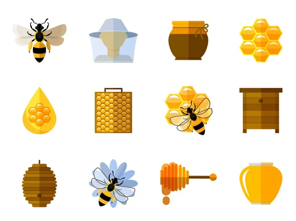 Vector honey and bee icons in flat set — Stock Illustration Vector honey and bee icons in flat set Royalty Free Stock Vectors