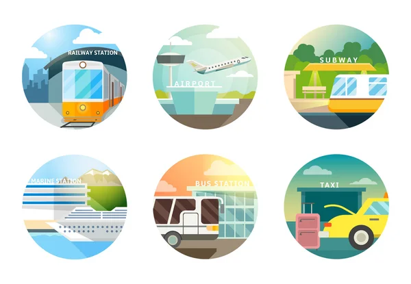 Transport stations flat icons set