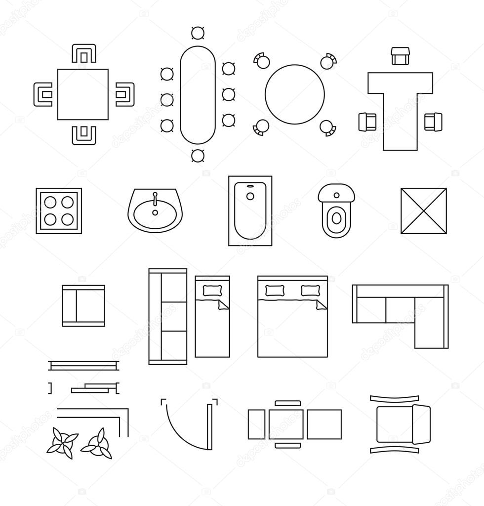Furniture linear vector symbols. Floor plan icons set Stock Vector